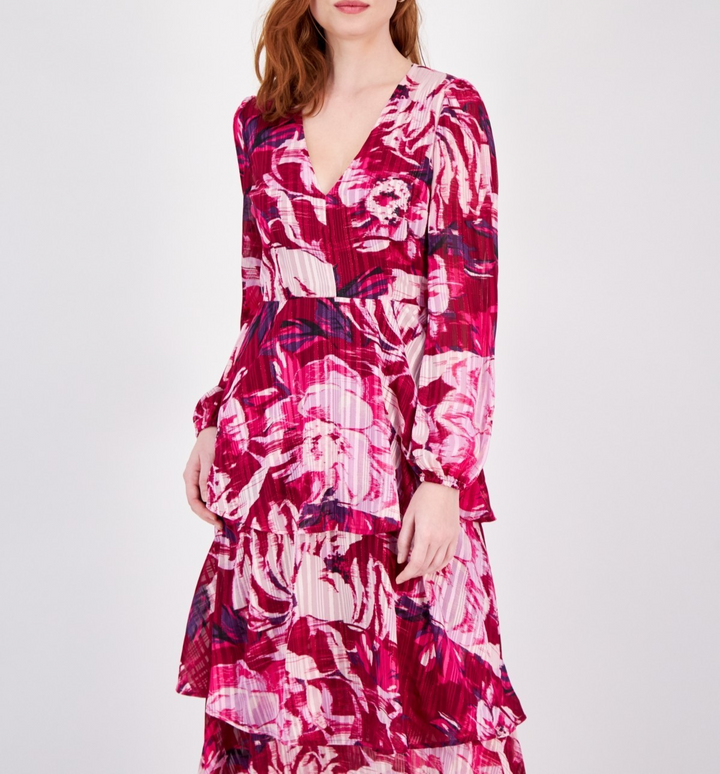 RACHEL Rachel Roy Printed Blouson-Sleeve Tiered Maxi Dress MSRP $159