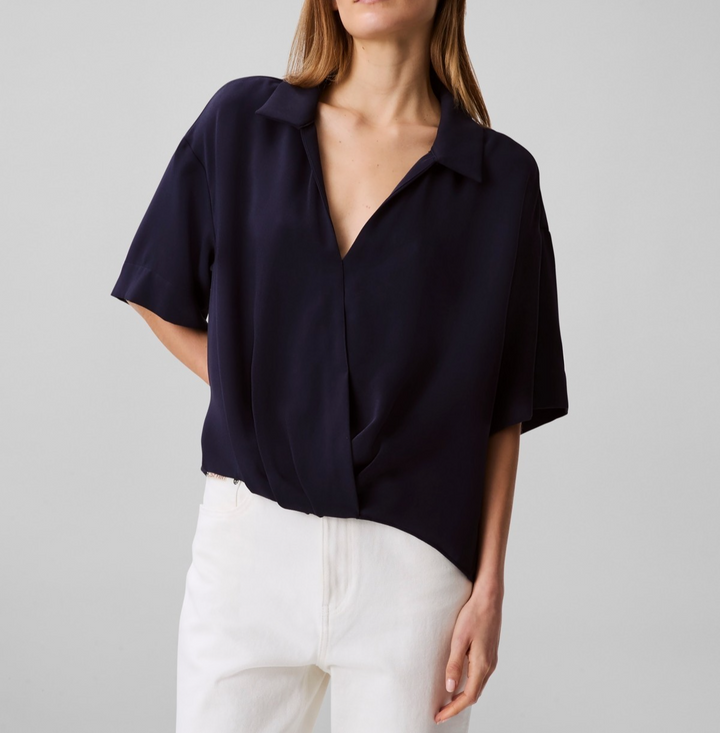 Calvin Klein Women's Collared Draped Faux-Wrap Top MSRP $79