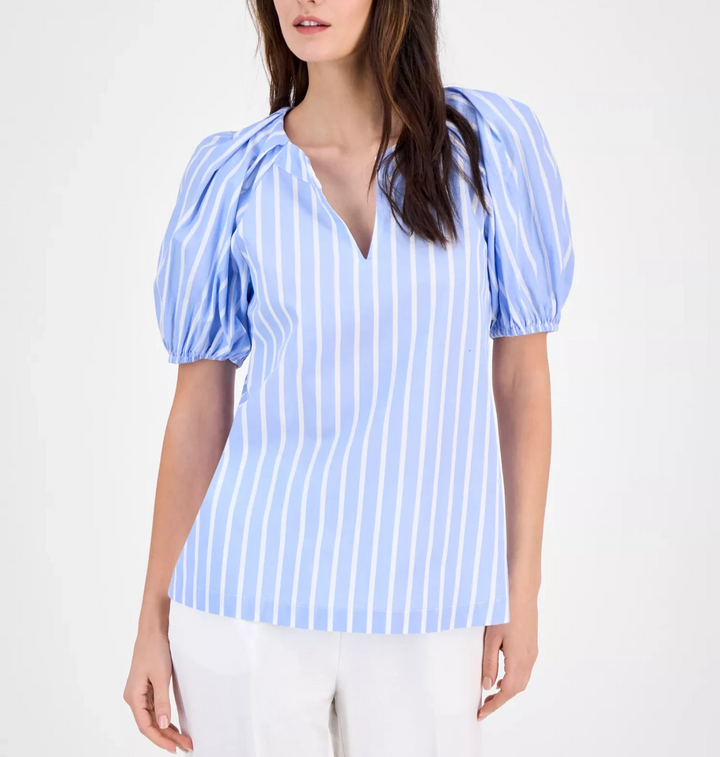 Anne Klein Women's Cotton Poplin Striped Puff-Sleeve Blouse MSRP $79
