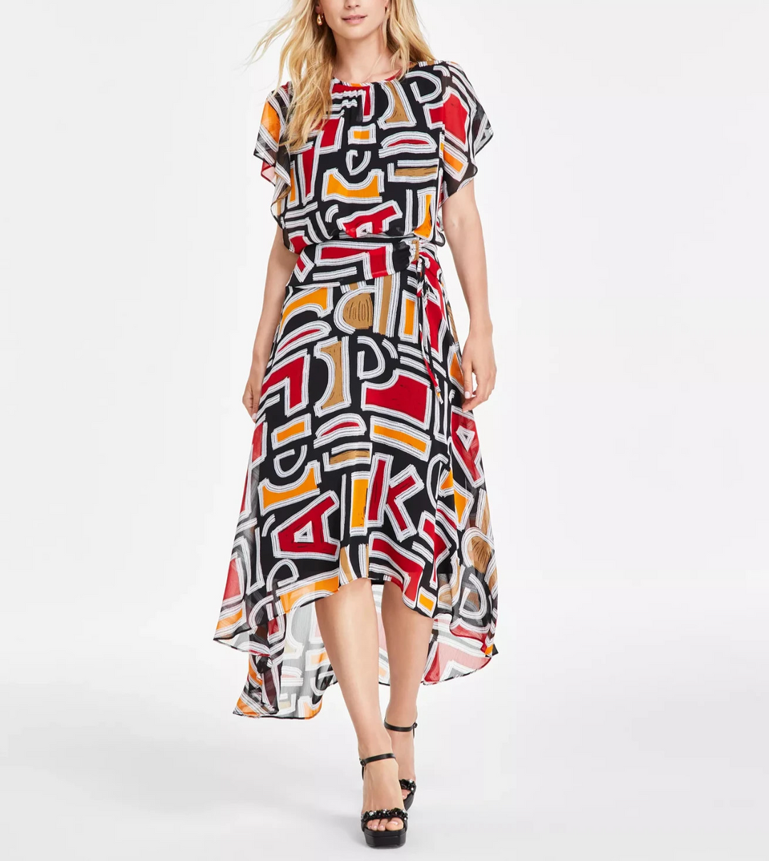 KARL LAGERFELD PARIS Women's Printed High-Low Flutter-Sleeve Dress MSRP $158