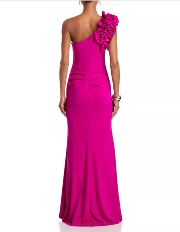 AQUA One Shoulder Ruffle Crepe Gown MSRP $298