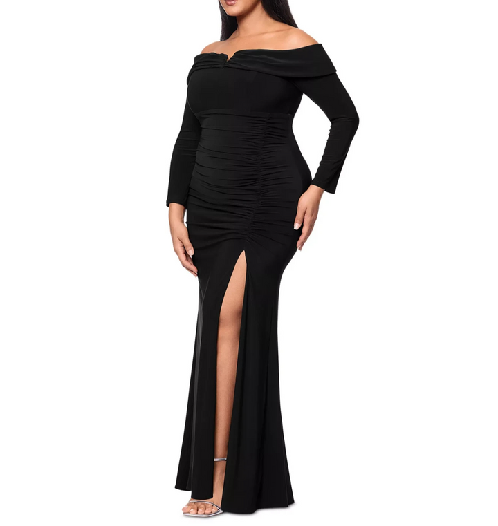 XSCAPE Plus Size Off-The-Shoulder Ruched Evening Gown MSRP $249