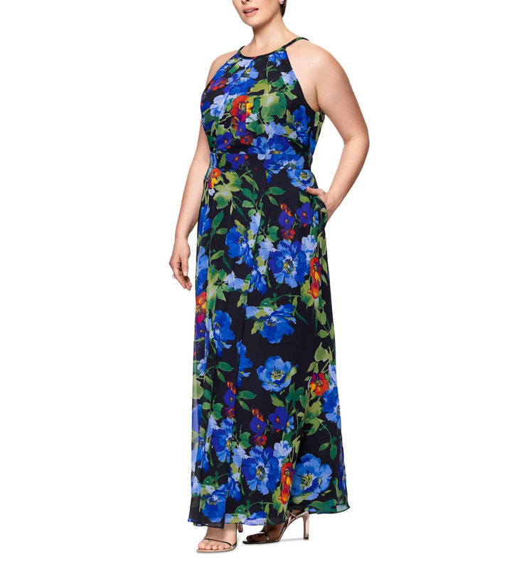 B&A By Betsy and Adam Plus Size Floral-Print Halter Gown MSRP $189