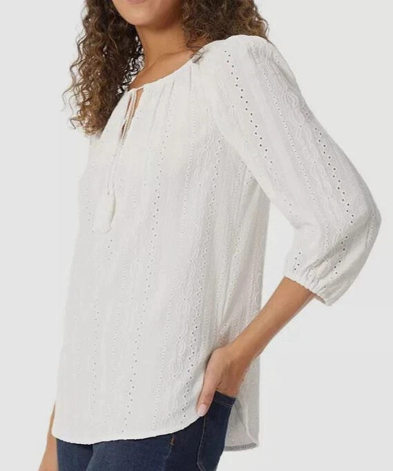 Jones New York Eyelet Self-Tie Split Neck Blouse Top $79