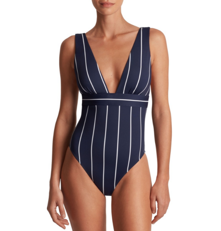Lauren Ralph Lauren Striped V-Neck One-Piece Swimsuit MSRP $155