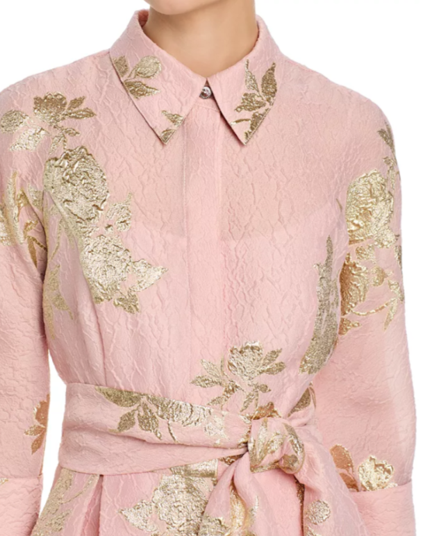 Teri Jon by Rickie Freeman Metallic Floral Jacquard Shirt Dress MSRP $680
