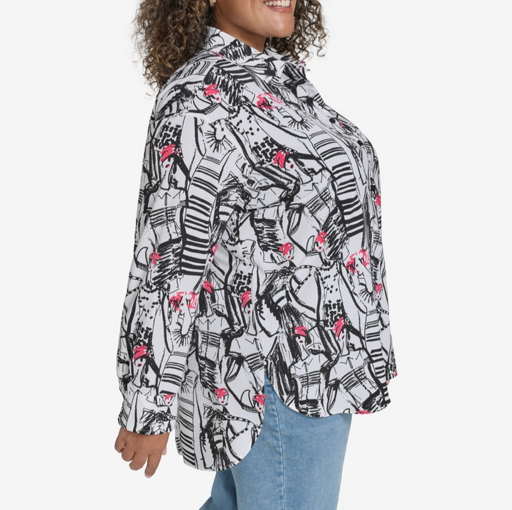 KARL LAGERFELD PARIS Plus Size Printed Collared Button-Front Shirt MSRP $99