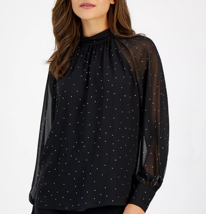 Anne Klein Women's Studded Raglan-Sleeve Mock-Neck Top MSRP $99