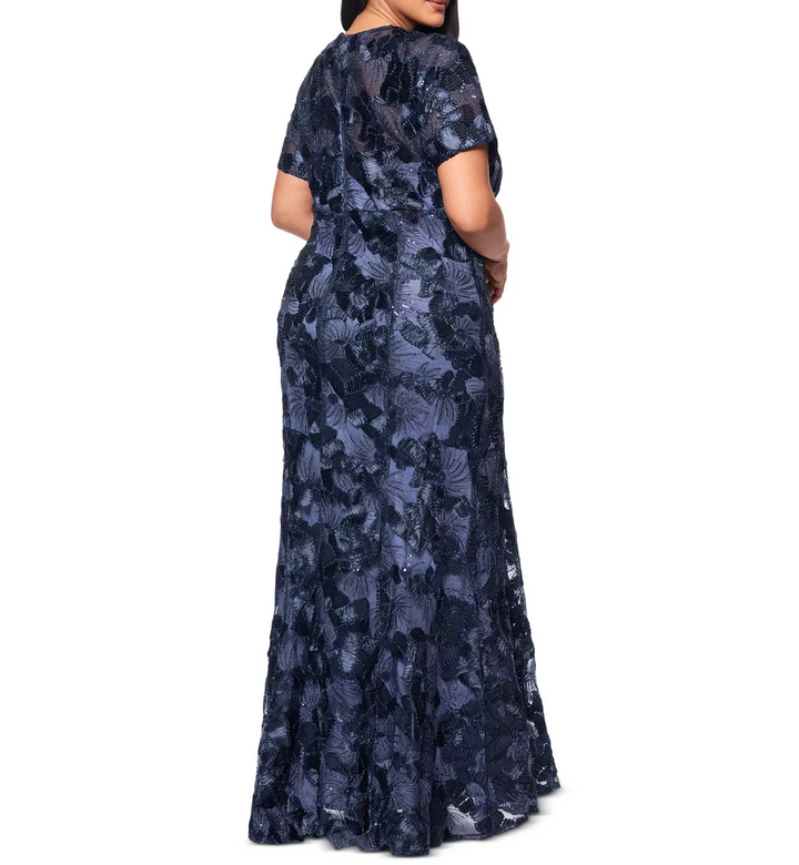 Betsy & Adam Floral Sequin V-Neck Sheath Gown MSRP $329