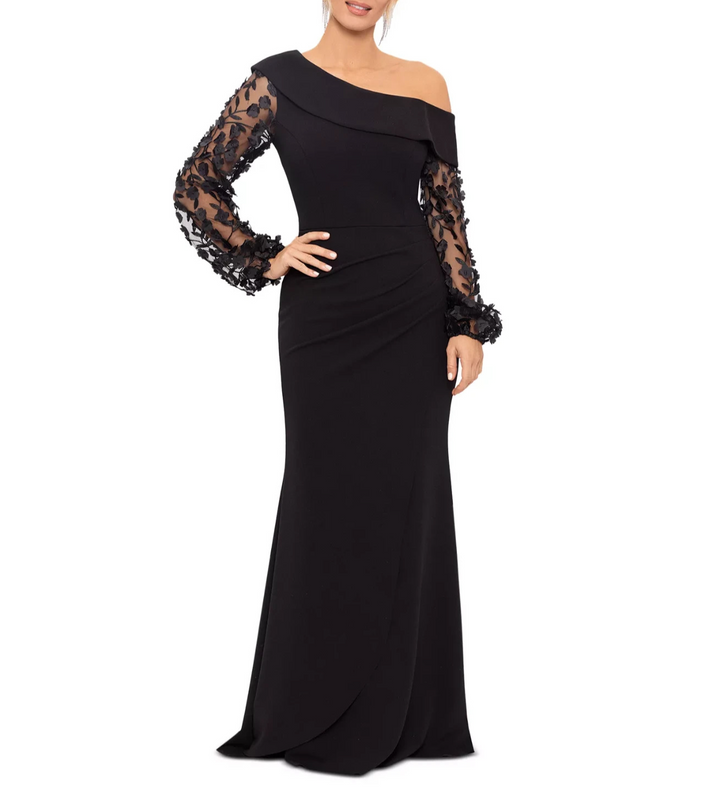 XSCAPE Off-The-Shoulder Floral-Sleeve Scuba Crepe Gown MSRP $299