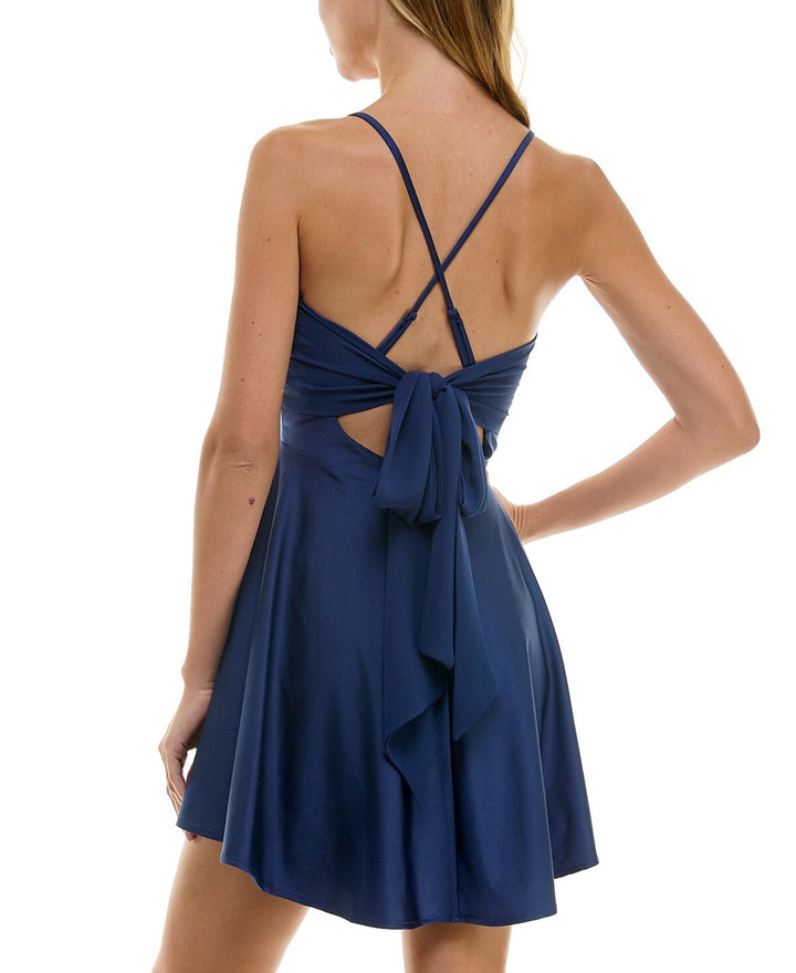 City Studios Juniors' Draped Sleeveless Satin Fit & Flare Dress MSRP $69
