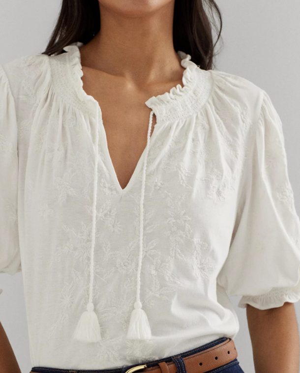 Lauren Ralph Lauren Embroidered Puff-Sleeve Top MSRP $145