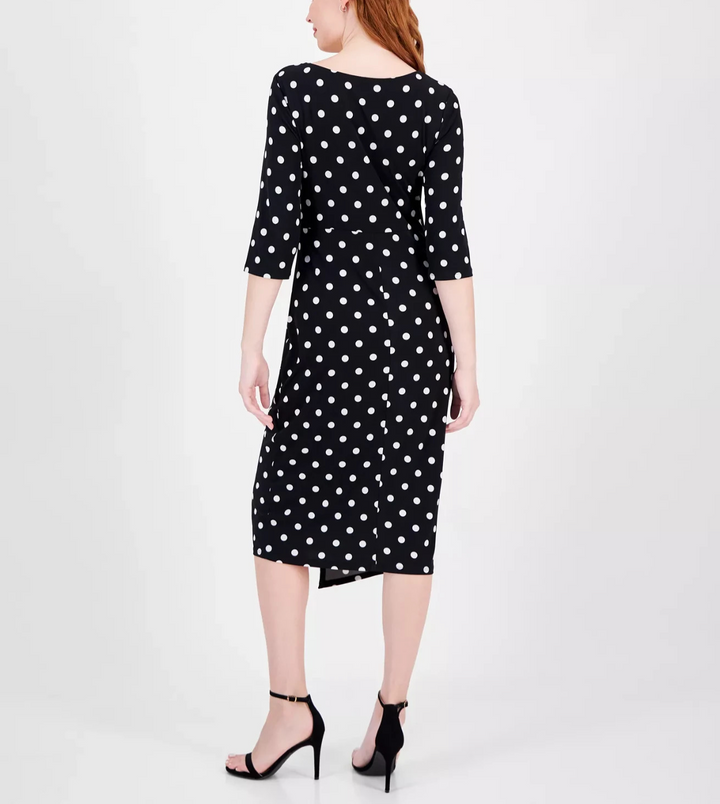 Connected Women's Dot-Print Faux-Wrap 3/4-Sleeve Midi Dress MSRP $79