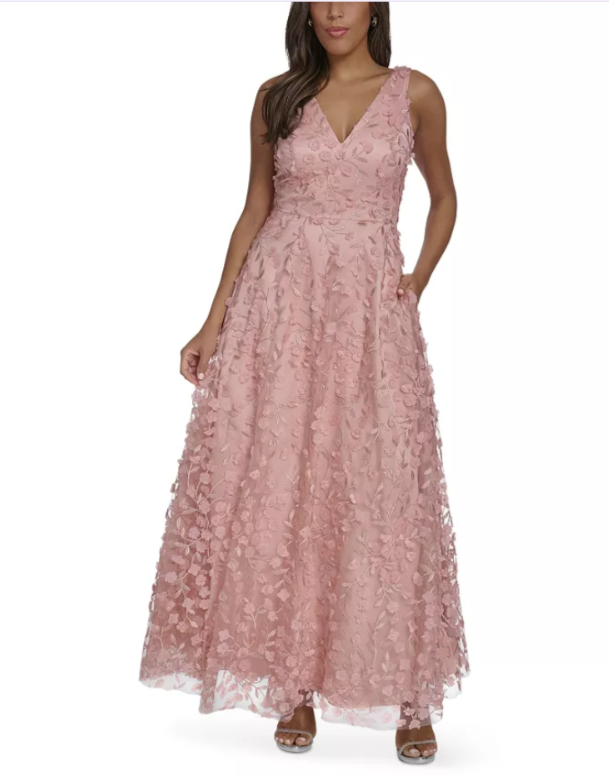 Eliza J Floral Appliquéd V Neck Gown MSRP $318