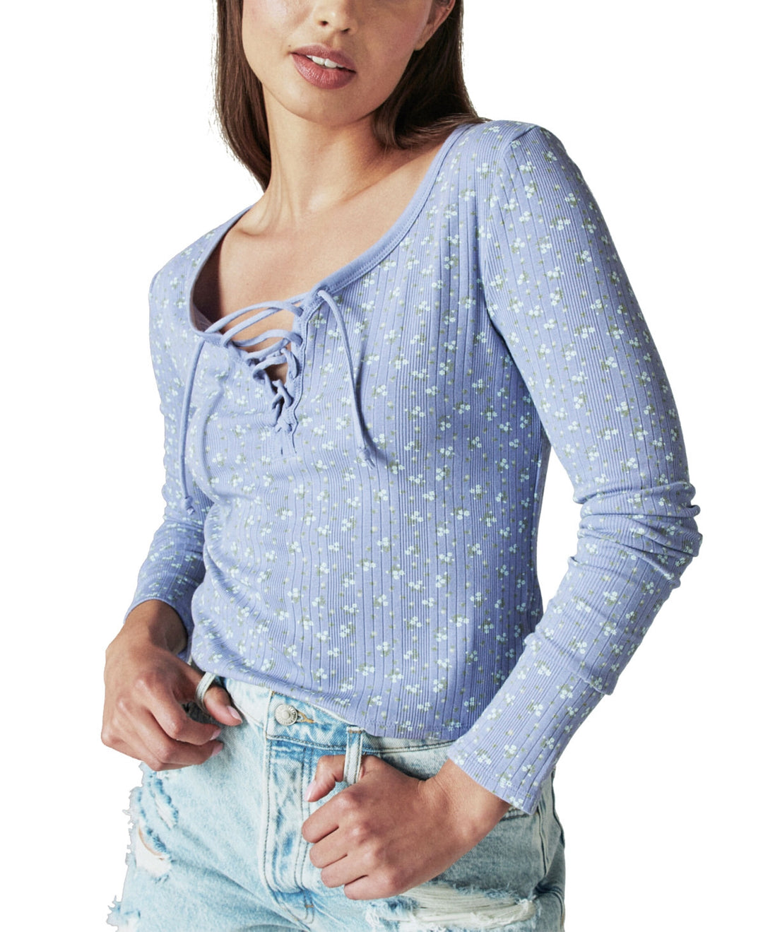Lucky Brand Ribbed Lace-Up Long-Sleeve Top MSRP $59