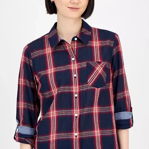 Tommy Hilfiger Crinkled Plaid Button-Front Shirt MSRP $69