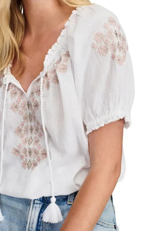 Lucky Brand Embroidered Cotton Peasant Top MSRP $69