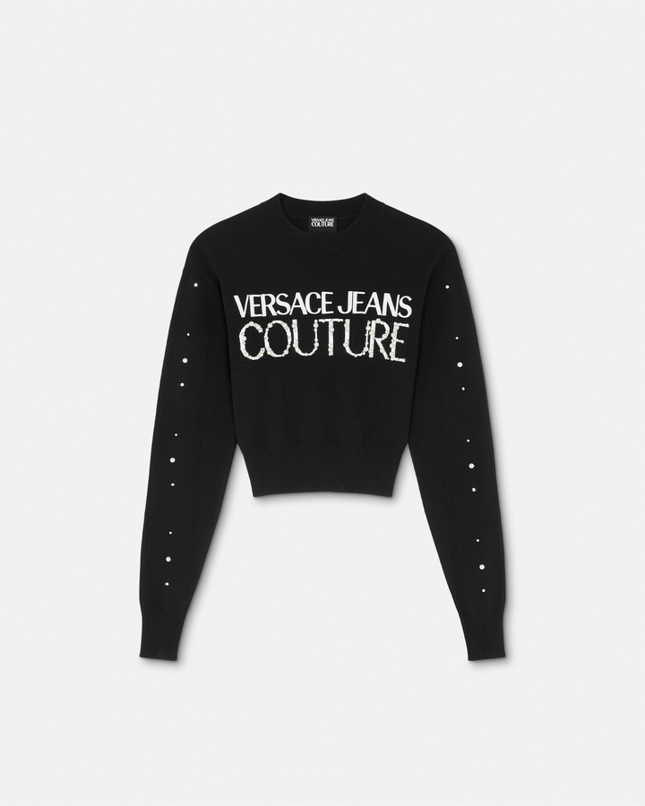 Versace Jeans Couture Embellished Logo Crop Sweater MSRP $475
