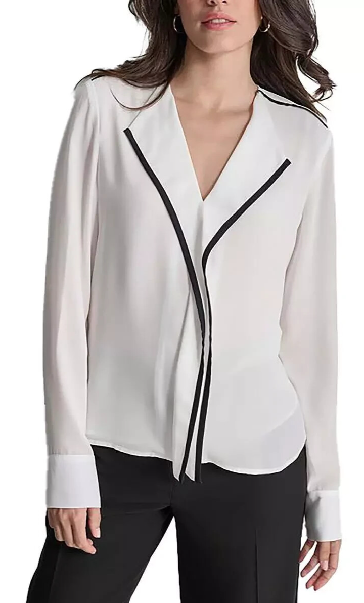 DKNY Womens White V-Neck Contrast Trim Top Blouse Shirt MSRP $69