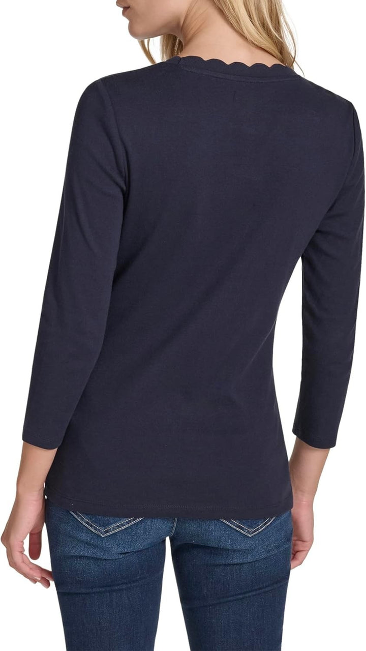Nautica Jeans Women's Blue Cotton Scalloped-Neck 3/4-Sleeve Top MSRP $44.50