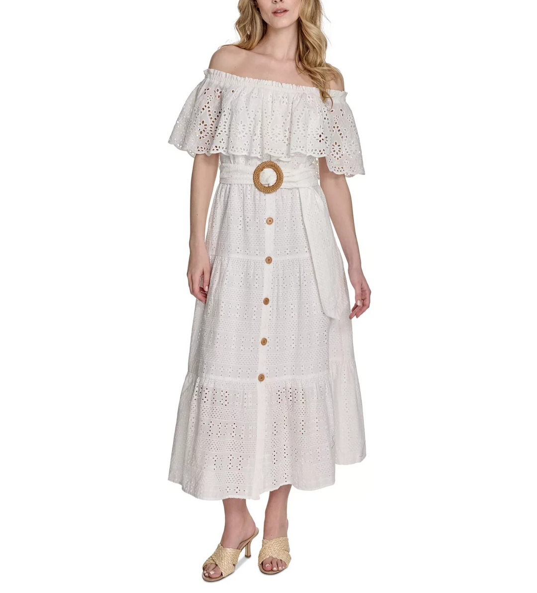 Eliza J Women's Cotton Off-The-Shoulder Belted Midi Dress MSRP $188