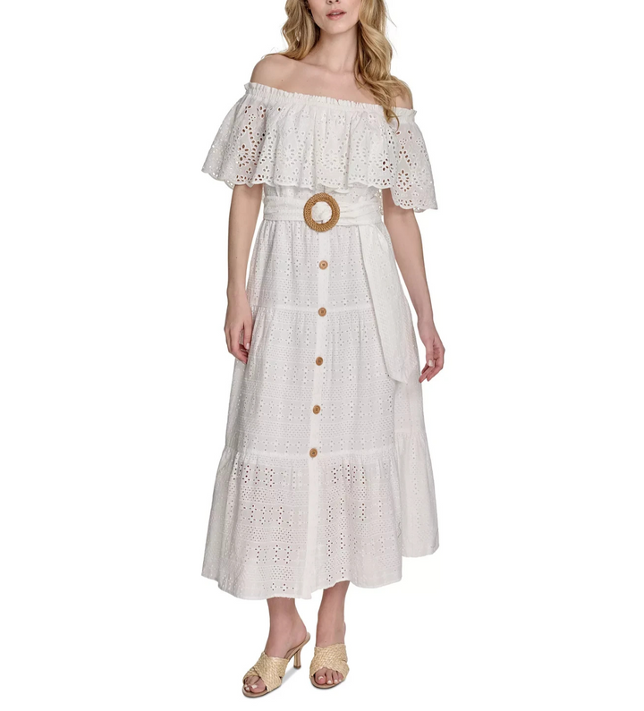 Eliza J Women's Cotton Off-The-Shoulder Belted Midi Dress MSRP $188