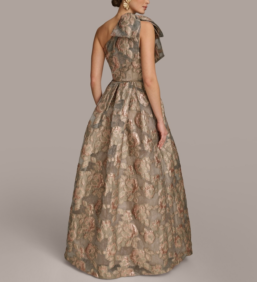Donna Karan  Metallic Jacquard One-shoulder Bow Floral Ball Gown MSRP $359