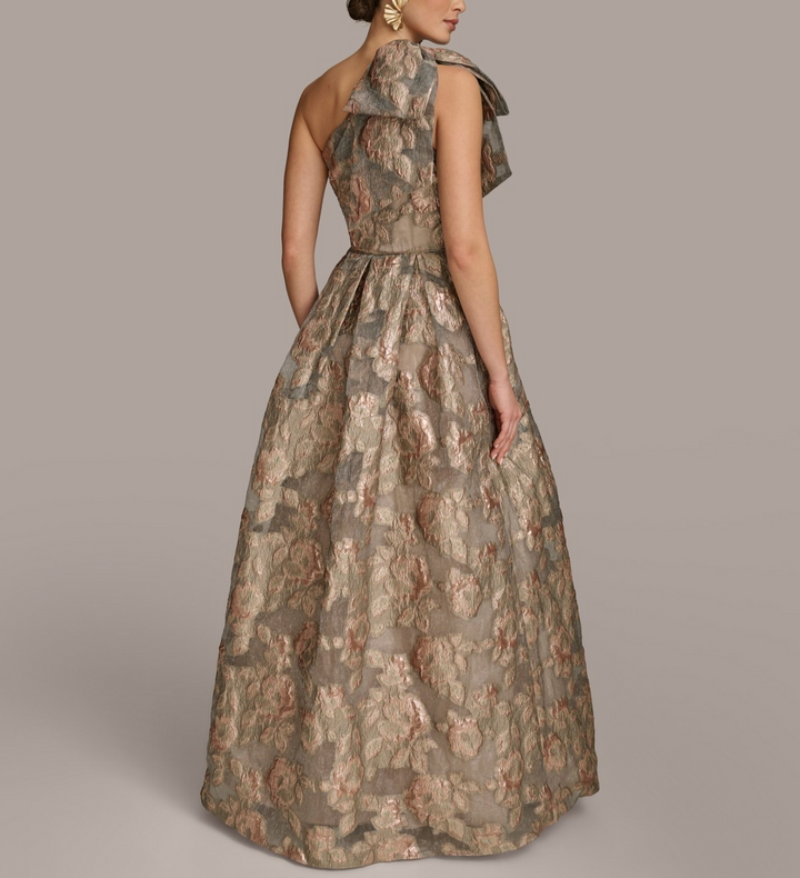 Donna Karan  Metallic Jacquard One-shoulder Bow Floral Ball Gown MSRP $359