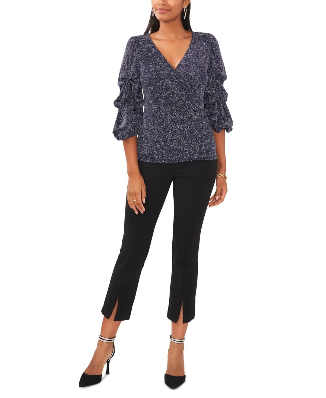 MSK Petite Glitter Surplice Bubble-Sleeve Top MSRP $69