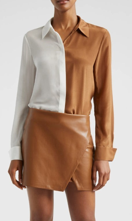Alice + Olivia Willa Colorblock Silk Button-Up Shirt MSRP $330