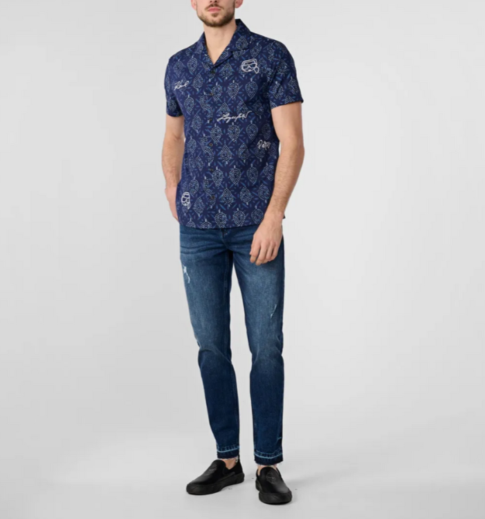 Karl Lagerfeld Paris Leaf Print Short Sleeve Embroidered Shirt MSRP $119