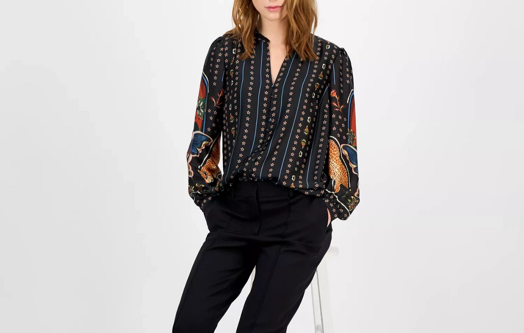 T Tahari Women's Printed Split-Neck Blouse MSRP $88