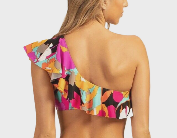 Trina Turk Printed One-Shoulder Ruffled Bikini Top MSRP $92