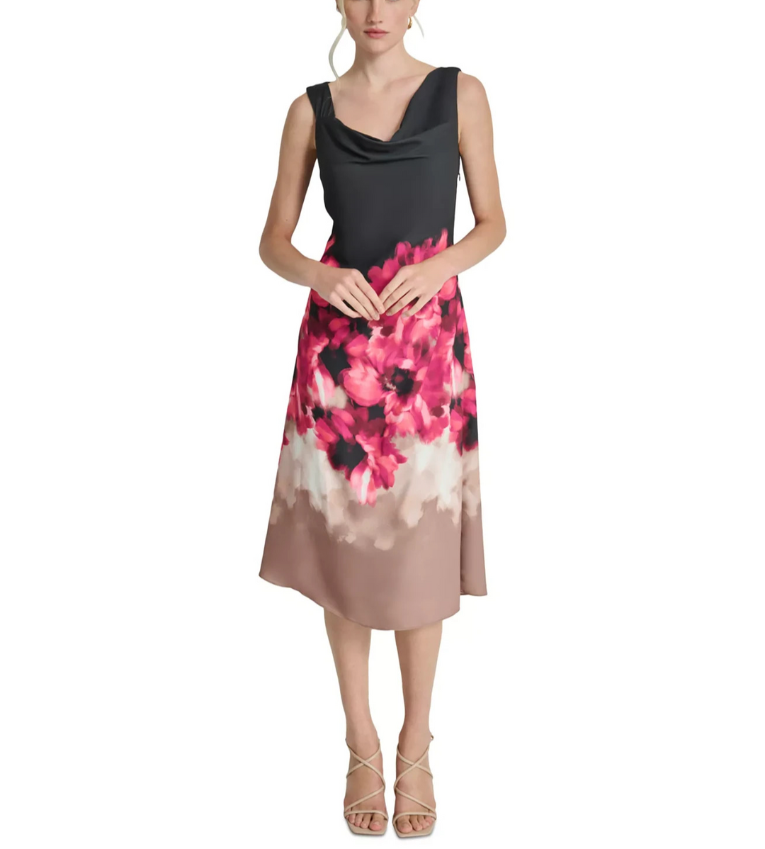 DKNY Women's Floral Asymmetric Cowlneck Midi Dress MSRP $139