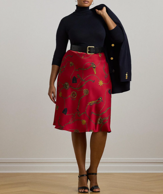 Lauren Ralph Lauren Belting-Print Satin Charmeuse Midi Skirt MSRP $175