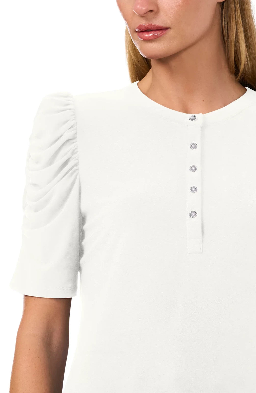 CeCe Shirred-Sleeve Embellished-Button Top MSRP $59