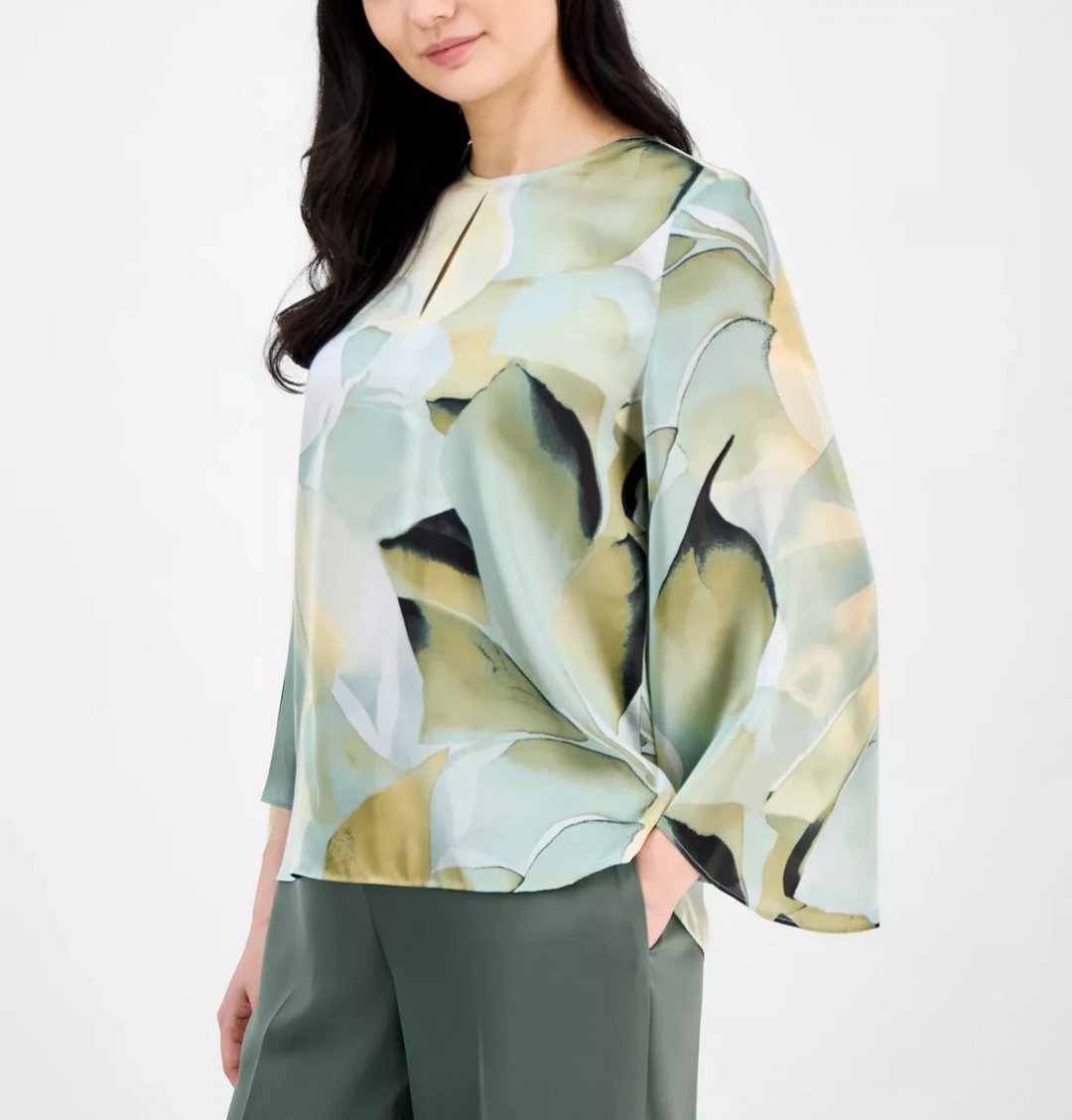 Anne Klein Women's Floral-Print Keyhole-Cutout Top MSRP $89