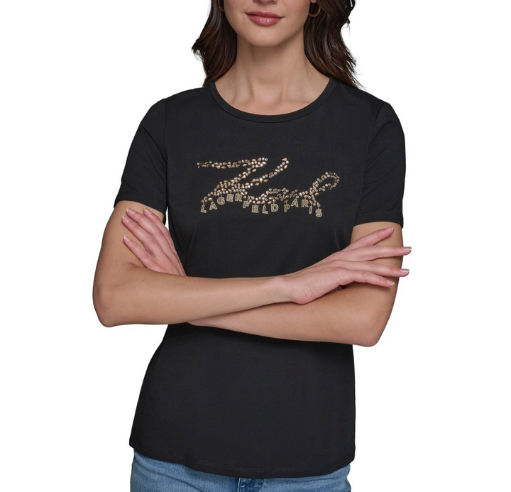 KARL LAGERFELD PARIS Women's Embellished Script Logo T-Shirt MSRP $59
