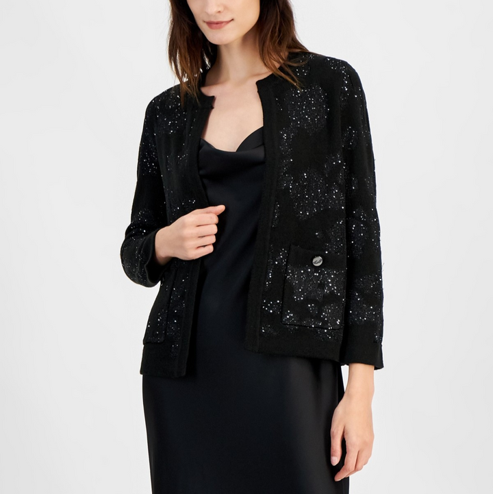 Anne Klein Open-Front Patch-Pocket Sequin Cardigan $129