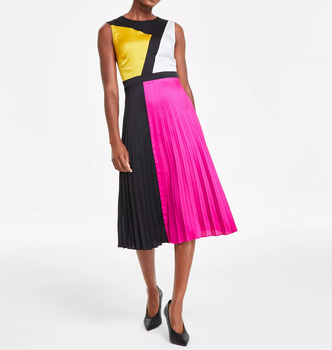 Karl Lagerfeld Paris Women's Satin Colorblocked MIDI Dress MSRP $158