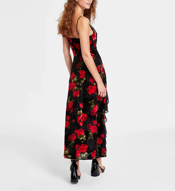 BCX Juniors Tiered Ruffles Rose Print Velvet Burnout Maxi Dress MSRP $79