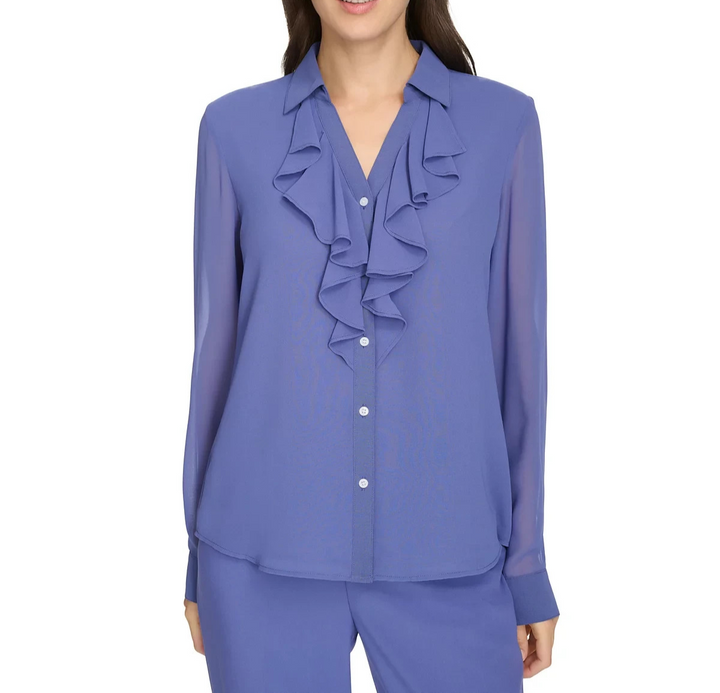 Calvin Klein Petite Ruffle-Front Long-Sleeve Blouse MSRP $74