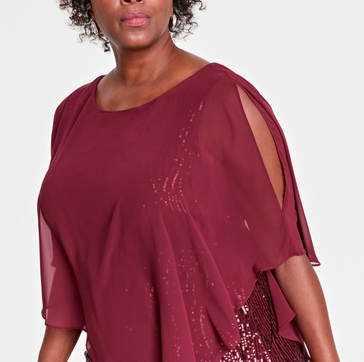 SL Fashions Plus Size Asymmetrical-Cape Sequin Gown MSRP $159