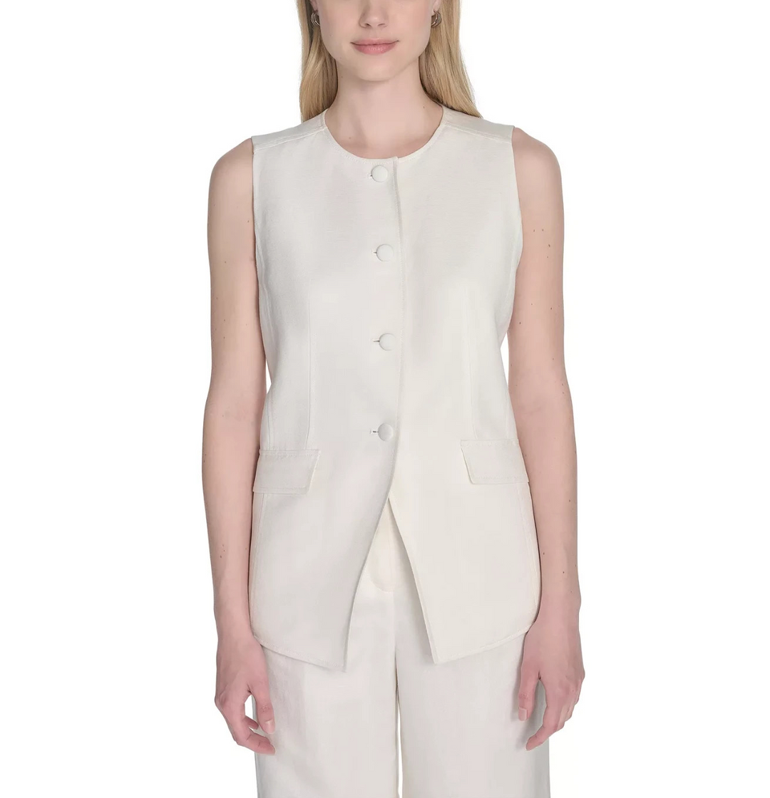 Calvin Klein Women's Linen-Blend Collarless Vest MSRP $139