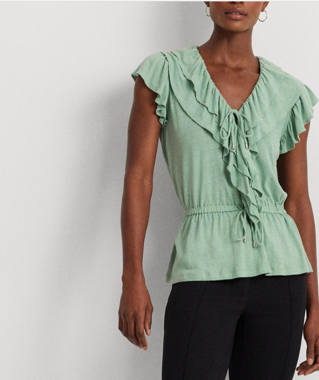 LAUREN Ralph Lauren Ruffle-Trim Jersey Peplum Top MSRP $125