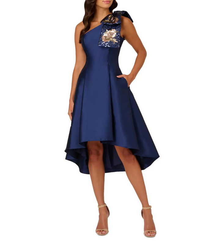 Adrianna Papell Women's Sequined Mikado One-Shoulder Dress MSRP $249