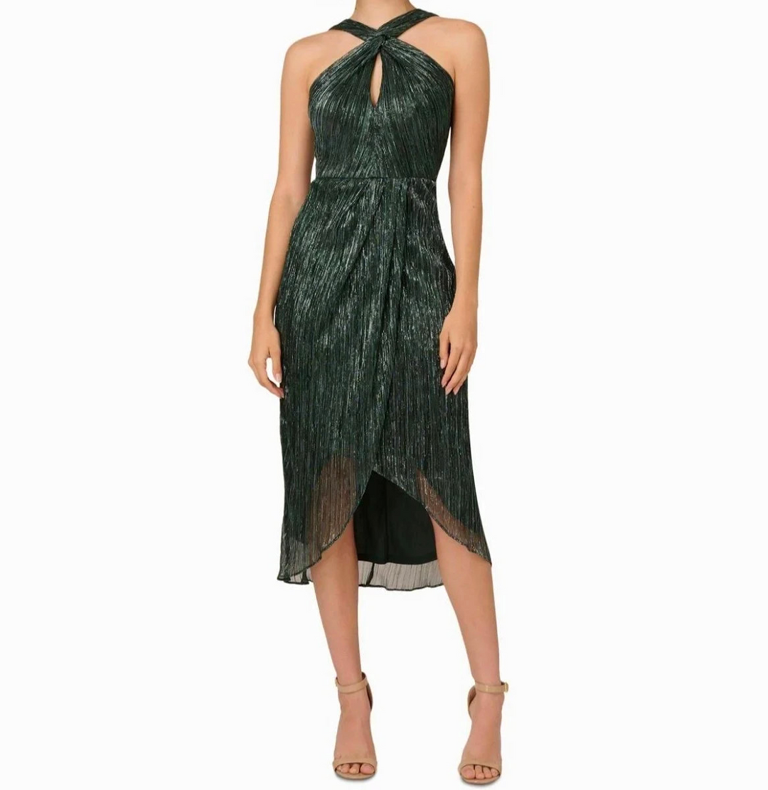 Adrianna Papell Women's Crinkle Metallic Halter Midi Dress MSRP $179