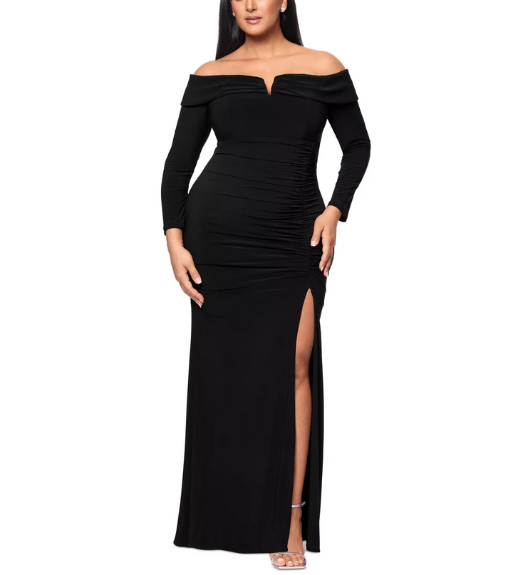 XSCAPE Plus Size Off-The-Shoulder Ruched Evening Gown MSRP $249