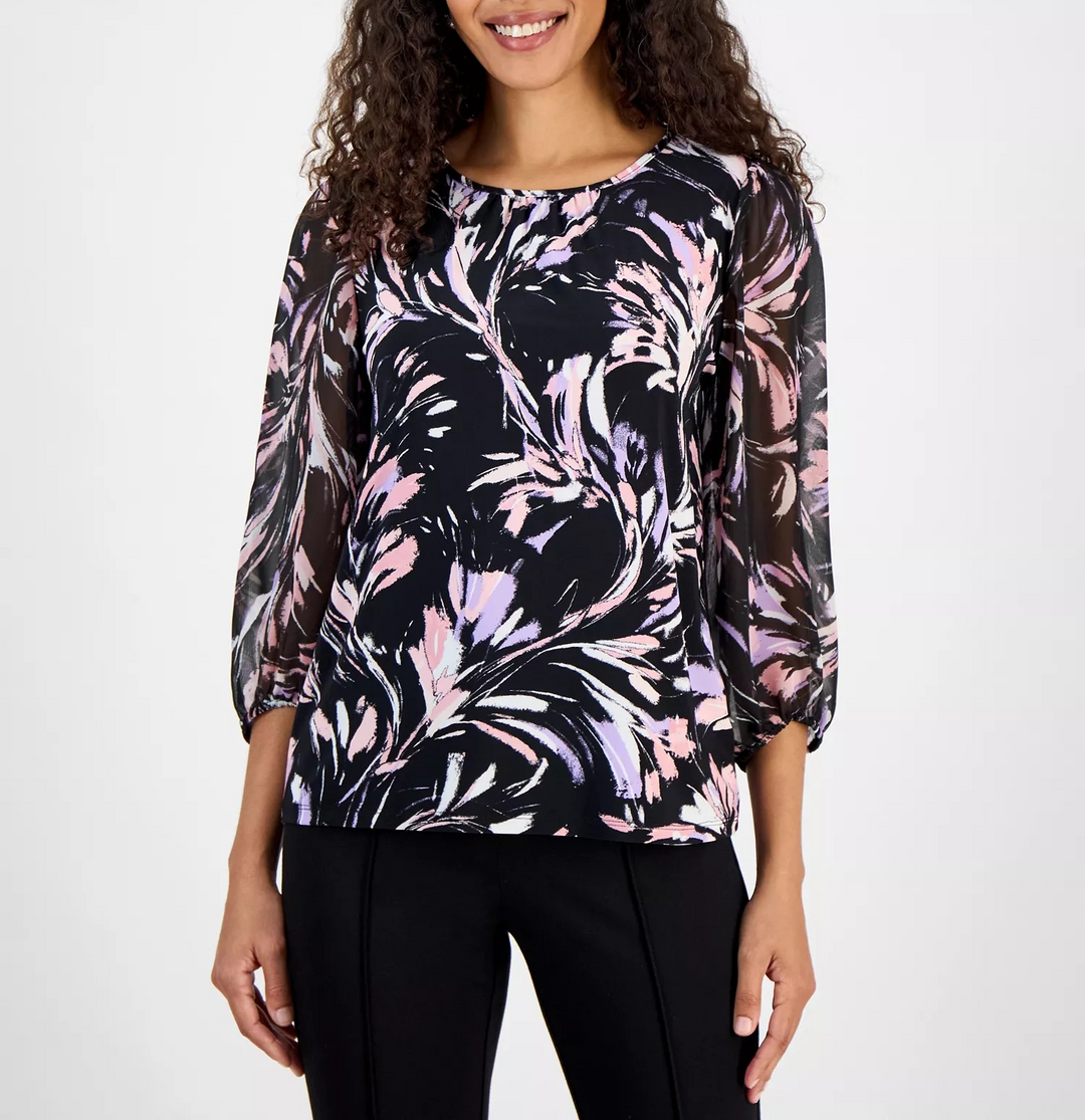 Kasper Women's Printed 3/4-Sleeve Blouson Top MSRP $69