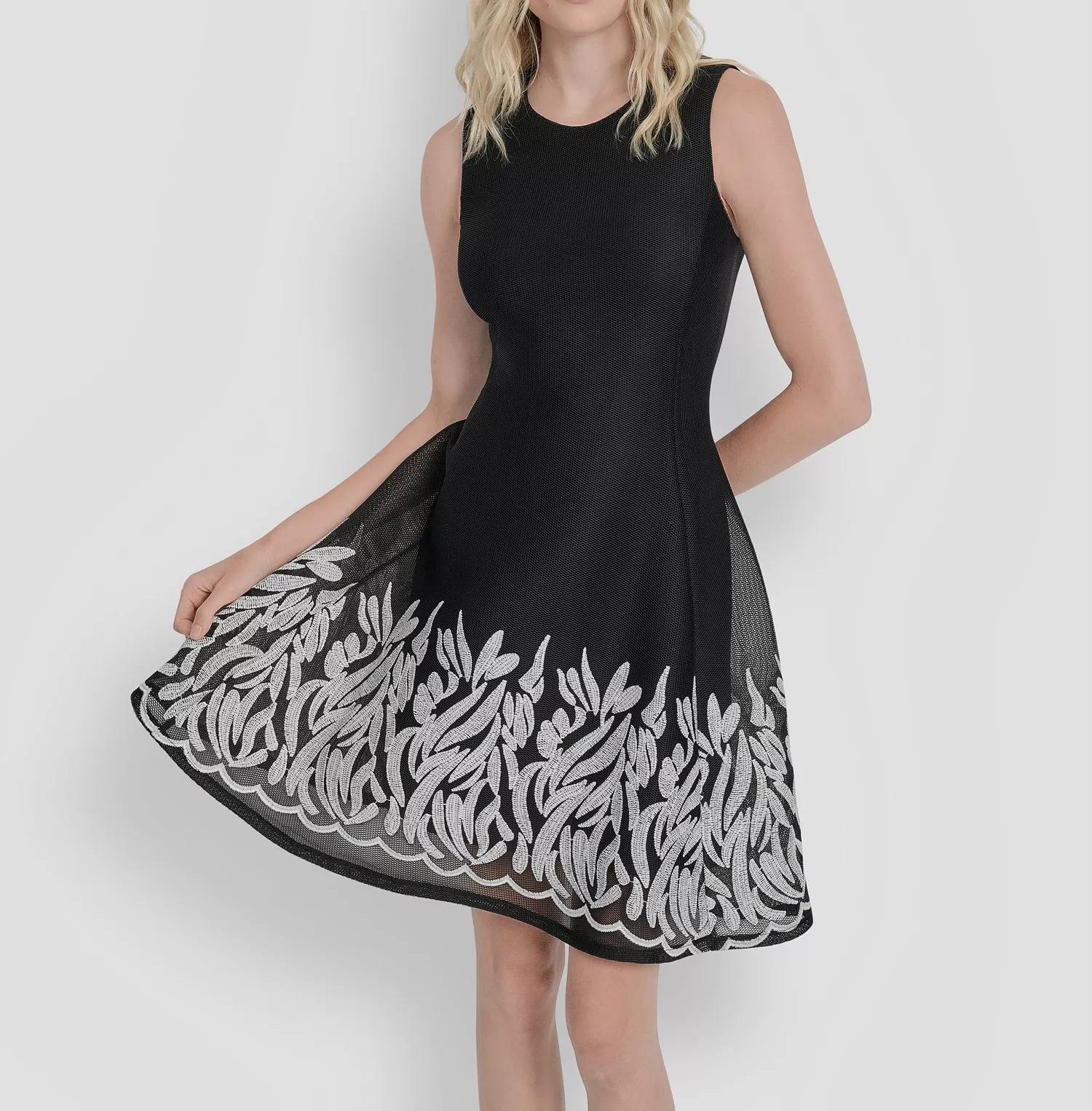 DKNY Women's Embroidered Mesh Sleeveless Fit & Flare Dress MSRP $159 DKNY Women's Embroidered Mesh Sleeveless Fit & Flare Dress MSRP $159